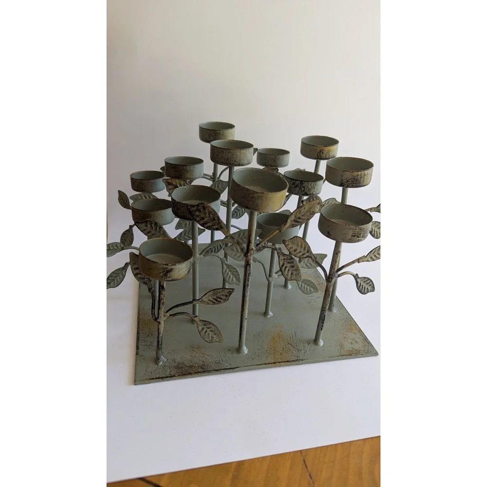 Sage Green Metal Multi‎ Tealight Candle Holder Distressed Leaf Branch Botanical